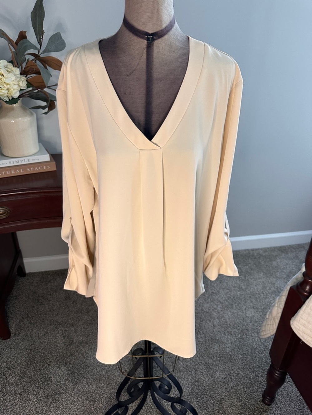 Women's Cream V-Neck Blouse - Classic Long Sleeve Top